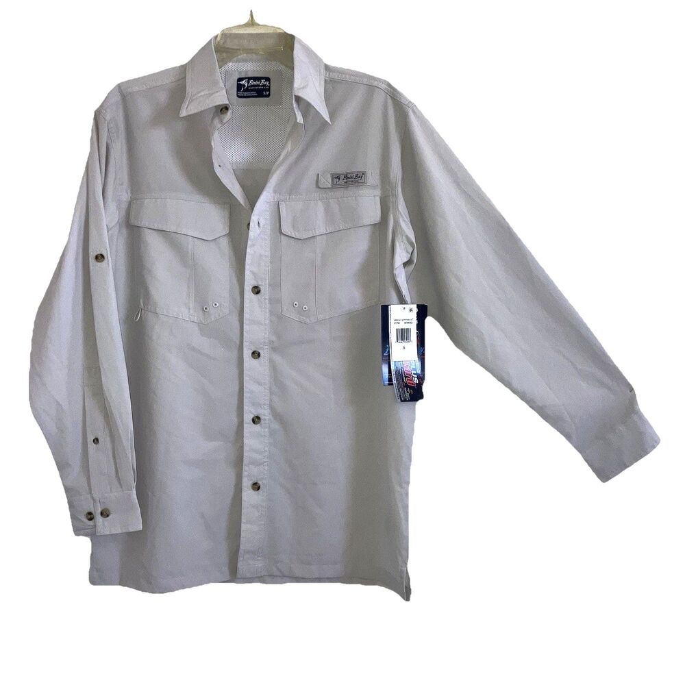 BIMINI BAY NANOTECH sz S FISHING SHIRT Button Roll Tab Sleeves Solar Guard
